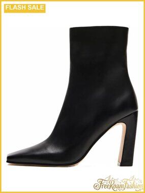 Square Toe Chunky Block Heel Ankle Booties Faux Leather Zip Boots